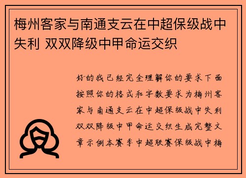 梅州客家与南通支云在中超保级战中失利 双双降级中甲命运交织