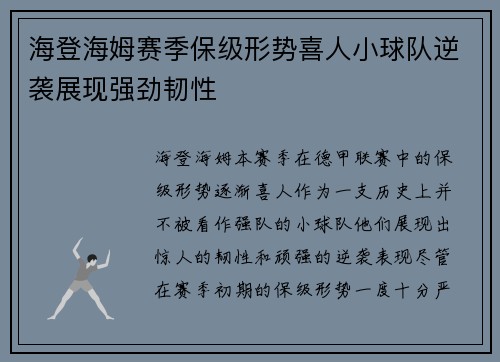 海登海姆赛季保级形势喜人小球队逆袭展现强劲韧性